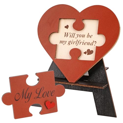 HOWAF Will You Be My Girlfriend Wooden Heart Puzzle Set Valentines Gifts for Her Valentines Puzzle Jigsaw Proposal Ornament with Display Stand Romantic Gifts for her Presents for Girlfriend