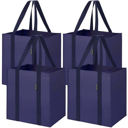 BALEINE 4 PK Grocery Bags Reusable Shopping Bags with Reinforced Bottom, Heavy Duty Foldable Tote Bags (Navy Blue)