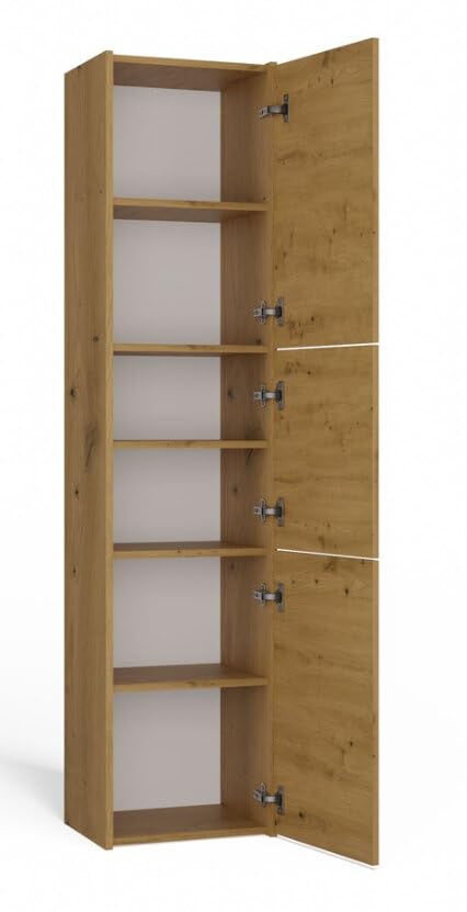 BDW - Armario de Baño Corredera - Armario de Baño Alto - 170x40x30 cm - 3 x Puertas con Tiradores, amplios estantes en el Centro, Lado de Apertura de la Puerta Seleccionable - Roble Artesano