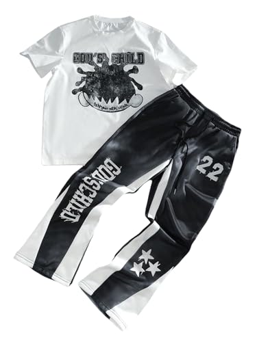 Men's 2 Piece Outfits Short Sleeve Letter Graphic Tees and Drawstring Flared Sweatpants Tracksuits Set