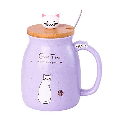 Product Image of the 15oz Cute Cat Coffee Mug, Ceramic Tea Cup with Lovely Kitty Bamboo lid and Stainless Steel Spoon,Novelty Kawaii Cat Mugs for Cat Lovers Mother's Day Birthday Christmas Gifts(450 ML PURPLE