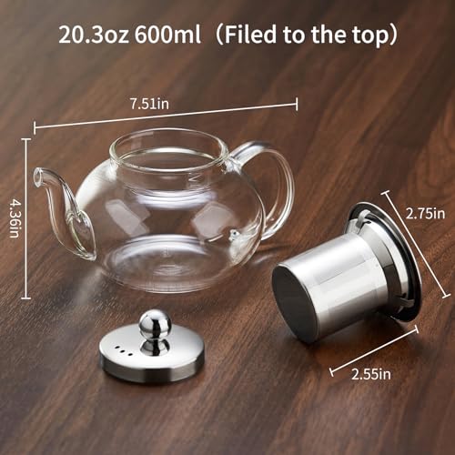 Glass Teapot with Removable Infuser, 20 oz/600ml Glass Tea Pot Small Borosilicate Tea Steeper Kettle with Loose Leaf Tea Strainer For Flower Blooming Tea, ClearTea Maker Pitcher - Image 4