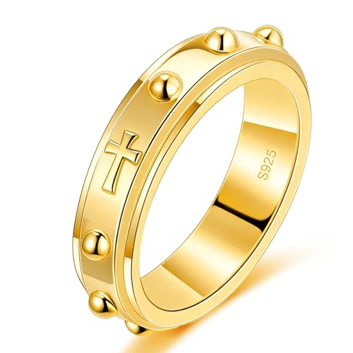 LYTTMAB S925 Sterling Silver Rosary Ring For Women 14K Gold Finger Catholic Pocket Rosary Ring For Lady Cross Spinner Ring For Women Ring Size 9