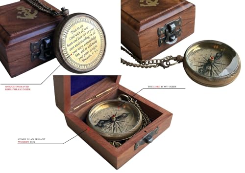 Brújula de latón con caja de exhibición y grabados religiosos miniatura 2