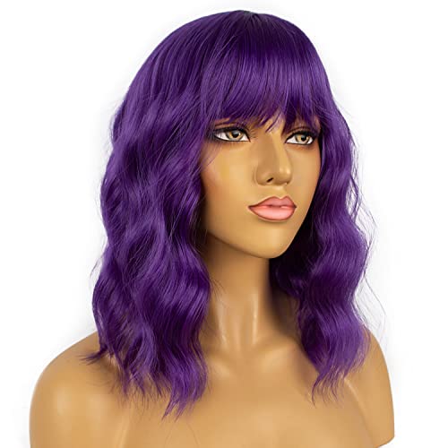 LANCAINI Dark Purple Short Bob Wigs with Bangs for Women Loose Wavy Wig Curly Wavy Shoulder Length Bob Synthetic Cosplay Wig for Girl Colorful Costume Wigs — view 3
