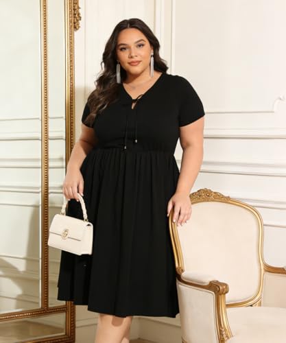 Image of RITERA Plus Size Dresses for Curvy Women Short Sleeve V-Neck Summer Dress Floral /Solid Midi Sundress with Pockets XL-5XL