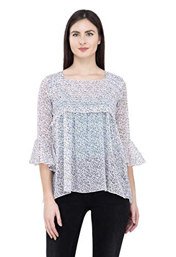 Image of POPWINGS Printed Chiffon Peplum Tops for Women || 3 /4th Sleeves Square Neck Women Tops for Summer || Stylish Western Smocking Women Tops