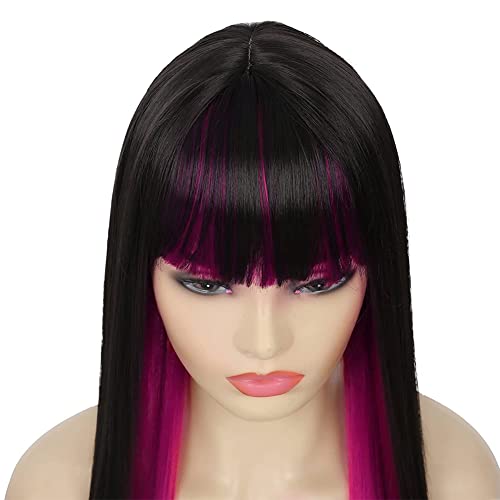 Image of Swiking Black Mix Rose Red Long Straight Wig with Bangs Silky Synthetic Replacement Hair Wig Heat Resisting Two Color Daily Party Cosplay Wigs