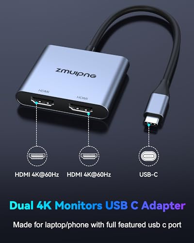 Image of USB C to Dual HDMI Adapter 4K Dual Monitors Adapter USB C Hub with 2 HDMI | Docking Station for Laptop Type C to HDMI Converter for HP Dell Surface Thinkpad