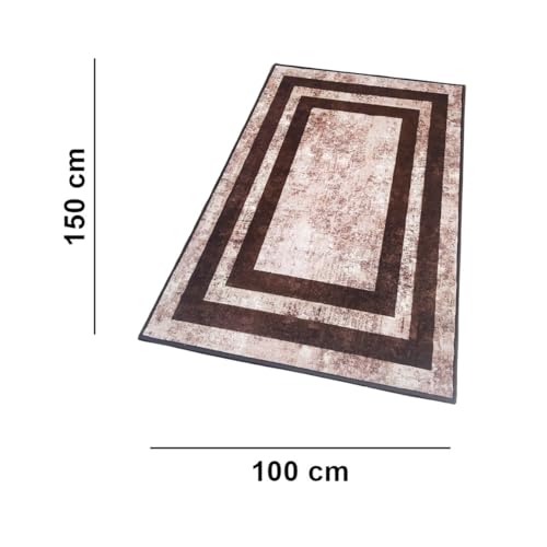 Image of Matz&More Geometric Distress Border Rug | 100x150 CM | Brown Beige | Soft Nylon Loop Pile with Anti-Slip Gel Backing | Living Room, Bedroom & Office Floor Carpet