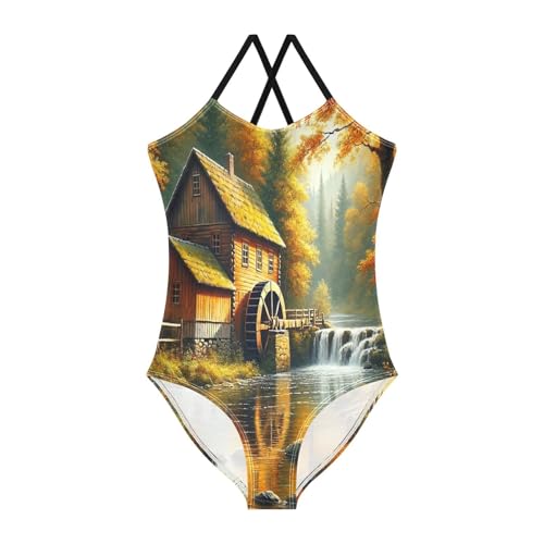 Fall Tree River House Swimsuit for Girls Bathing Suit One Piece Swimsuits Summer Beach Swimwear