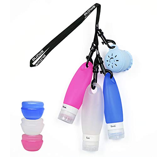 SANTREST Botellas De Silicona, TSA Aprobadas Botellas De Viaje con Cepillo De Limpieza Facial y Cordón De Ducha,Champú Portátil Acondicionador Botella a Prueba De Fugas para Cosméticos (8 Pack)