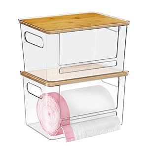 Trash Bag Dispenser 2 Pack, Acrylic Garbage Bag Dispenser with Bamboo Top, Extra Large Trash Bags Holder Dispensers Under Sink for Kitchen, Cabinet, Laundry Room, Pantry Organizer and Storage