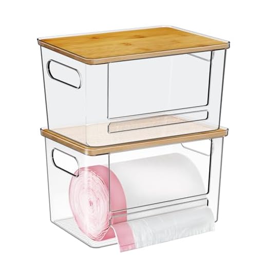 Trash Bag Dispenser 2 Pack, Acrylic Garbage Bags Dispenser with Bamboo Top, Extra Large Trash Bag Holder Dispensers Under Sink for Kitchen, Cabinet, Laundry Room, Pantry Organizer and Storage