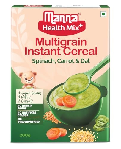 Image of Manna Health Mix Instant Multigrain Cereal, Spinach, Carrot, Dal with Milk. Made with Real Vegetables and 8 super grains and millets. No Added Sugar, No Artificial Color, Flavors 200g