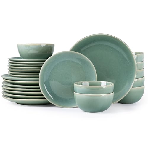 Image of GBHOME Ceramic Dinnerware Sets for 8, 24 Pieces Stoneware Plates and Bowls Sets, Reactive Glaze Dish set -Scratch Resistant, Dishwasher&Microwave Safe-Malachite Green