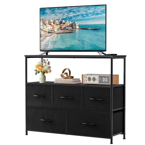 TV Stand with 5 Fabric Drawers, Dresser for Bedroom Entertainment Center for 45 inch TV Storage Organizer with Open Shelf, Wooden Media Console Table for Living Room, Bedroom, or Small Space, Black