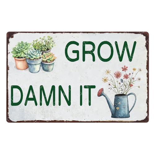 WIZYXQ Vintage Garden Sign Grow Damn It Metal Tin Sign Flower Sign Retro Aluminum Sign Wall Decor for Garden Yard Home Outdoor Outside 12×8 Inch