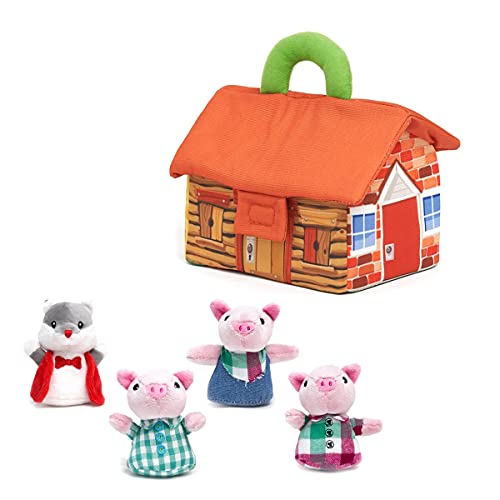 Cuddle Barn - Three Little Pigs Storytime Playset | Children's Fairy Tale Story Stuffed Animal Portable House Plush Playset, 4 Characters, 7 Inches