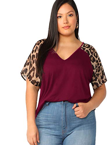 Romwe Women's Plus Size V-Neck Leopard Raglan Short Sleeve Blouse Casual Loose Shirt