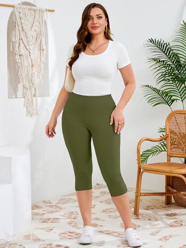 AusLook Plus Size Capri Leggings for Women with Pockets High Waisted Tummy Control Cropped Army Green 5X Leggings Buttery Soft Stretch Casual Lounge Workout Pants — view 3