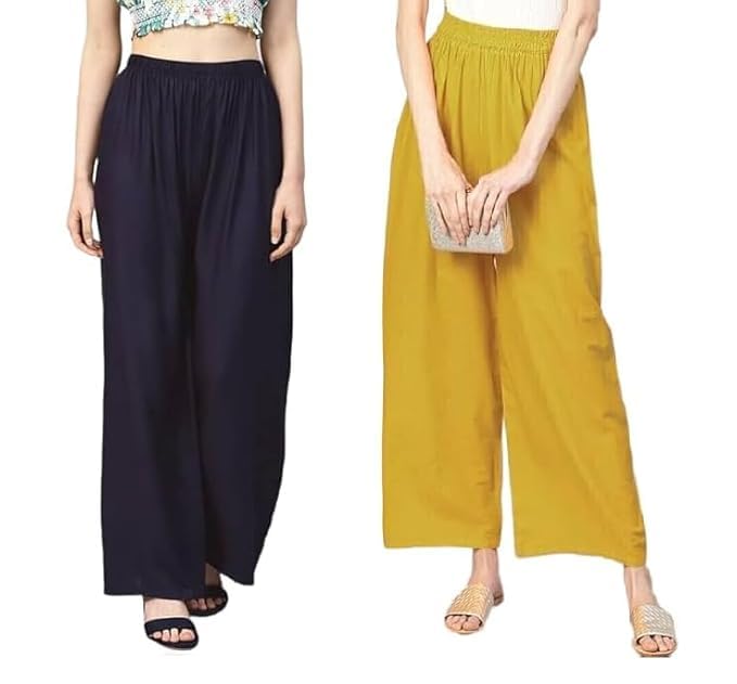 Image of Women's Solid Viscose Rayon Palazzo Pants | Wide Leg Loose Fit Trousers | Office, Casual Ethnic Bottom Wear | Combo Pack of 2