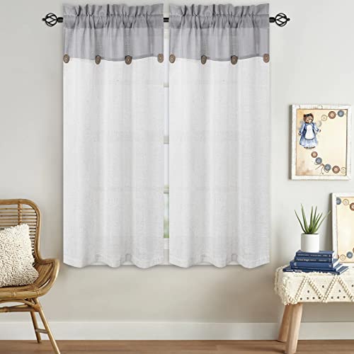 Homerry Button Cafe Curtains 45 Inches Long Grey And White Stripe Color Block Basement Linen Blend Boho Kitchen Window Curtain Panels Home Decor Rod Pocket Window Treatment Drapes, Grey, Set Of 2 #TOP14