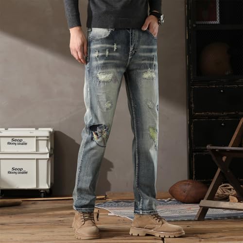 Men's Hip Hop Ripped Straight Distressed Embroidery Ripped Denim Slim Fit Straight Leg Biker Jeans3