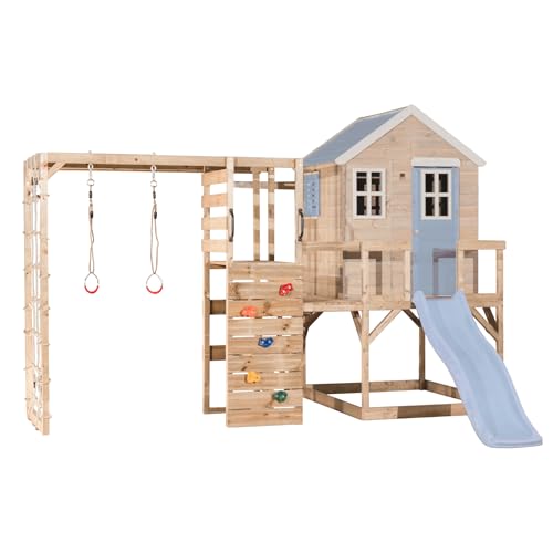 Wendi Toys M22PB-G - Casa de juegos sobre pilotes con tobogán y red de escalada, para exteriores, madera para niños, 342 × 356 × 242 cm, con plataforma y anillos de gimnasia, color azul