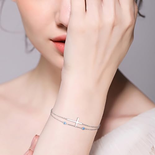 Sterling Silver Cross Birthstone Bracelet: Women Cross Month Stone Double Layer Chain Bracelet Birthday Gift4