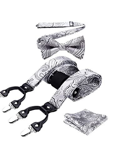 Image of HISDERN Suspenders for Men Paisley Floral Bow tie Suspender Pocket Square Sets Adjustable Y Shape 6 Clips Wedding Braces