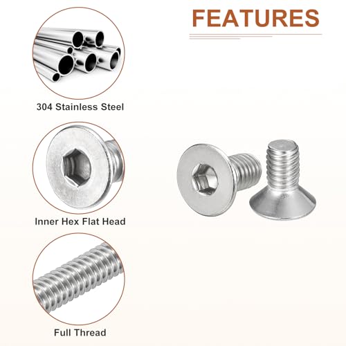 Image of DTGN M6-1 x 12mm Flat Head Socket Cap Screws, 100 Pack 304 Stainless Steel Hex Socket Flat Head Screws, Full Thread, Countersunk Bolts