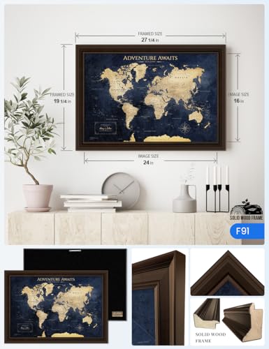 Image of IPIC - Personalized Framed World Map Painting for Wall Decor, Pinnable World Map to Mark Travels, Custom Artwork with Names, World Travel Map for Home, Office, Study, and RV, Ready to Hang