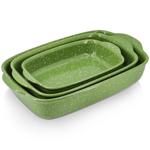 KROKORI Ceramic Baking Dishes for Oven,Heavy Duty Bakeware Dish Set of 3, Rectangular Casserole,Lasagna Pan Deep,High Heat Resistant,Glazed Handcraft Speckle Series (13.8''/12''/9.6''Green)