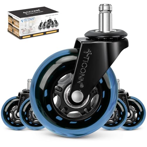 Image of TICONN Office Chair Caster Wheels Set of 5 for Tile, Hardwood Floors and Carpets, Universal Fit for Most Chairs (Blue)