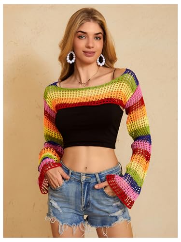 Image of MakeMeChic Women's Rainbow Striped Crochet Shrug Top Bell Sleeve Crop Tops Hollow Out Sweater