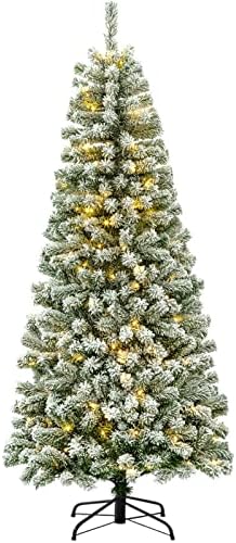 SINTEAN 7Ft Flocked Christmas Tree Prelit, Slim Christmas Tree W/ 747 Hinged Tips, 210 Led Lights, Metal Stand, Snowy Christmas Tree for Holiday Decoration