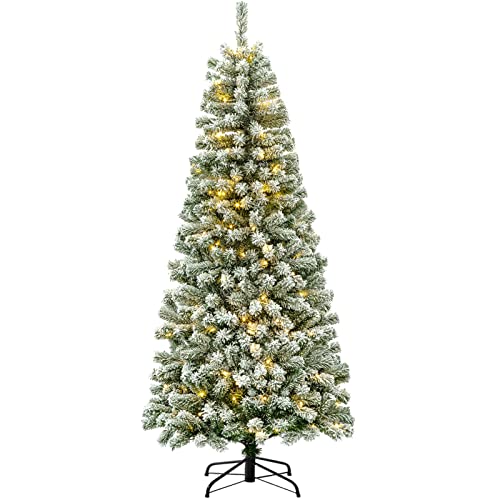 Sintean 7Ft Flocked Christmas Tree Prelit, Slim Christmas Tree W/ 747 Hinged Tips, 210 Led Lights, Metal Stand, Snowy Christmas Tree For Holiday Decoration #TOP2