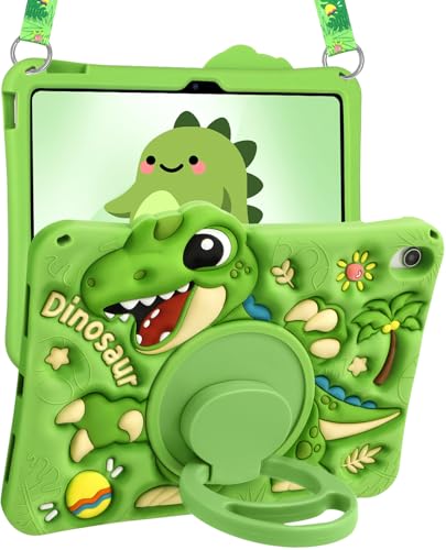 Étui iPad 10e génération en silicone antichoc avec support rotatif et bandoulière motif dinosaure
