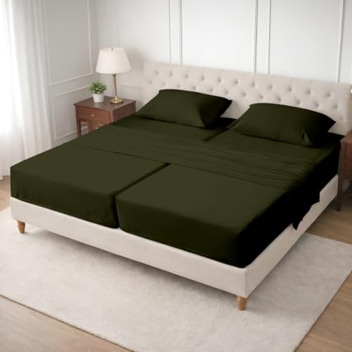 Image of SGI Split King Sheet Set for Adjustable Bed Egyptian Premium Cotton 600 Thread Count Sheets for Sleep Number Bed 15 inch Deep Pocket 5 Pc Set with 2 Twin XL Fitted Sheets Soft Breathable - Olive Green
