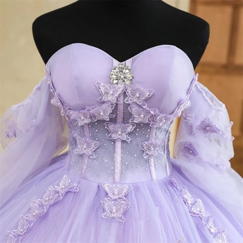 SanLIJIAN Off Shoulder Quinceanera Dresses Ball Gown 3D Butterfly Sweet 16 Dresses for Teens Long Sleeve Pageant Gown3