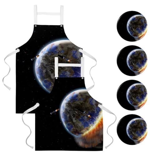 Lot de 2 tabliers de cuisine Univers Planètes avec 4 broches pour le bistrot