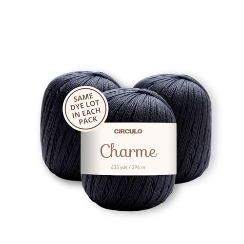 CIRCULO Charme Yarn Pack, 1299 yds for Knitting & Crochet, 3 Balls of 100% Mercerized Brazilian Virgin Cotton, Soft Sport Weight, Color 8990 - Black