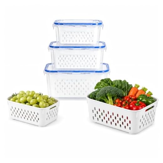 PracFlairy 3 Pcs Fruit Storage Containers for Fridge, Produce Storage Containers with Removable Colander Basket & Airtight Lid,food storage containers, for Fruits, Vegetables & Meat