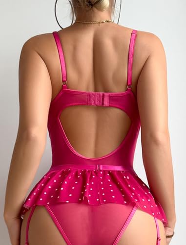 Image of Alrovetoney Women Lingerie Set Naughty Lace Bodysuit High Waisted Underwire Lingerie Babydoll With Garter Belt and Stockings