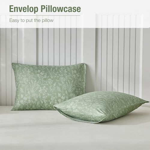 Image of Lekesky King Size Duvet Cover Set, White Floral Pattern King Size Duvet Cover, 3 Piece Green Comforter Cover with Zipper, Ultra Soft Microfiber Bedding Set with 2 Pillowcases