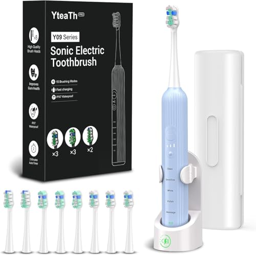 Cepillo de dientes eléctrico, cepillo de dientes sónico para adultos y niños, azul claro