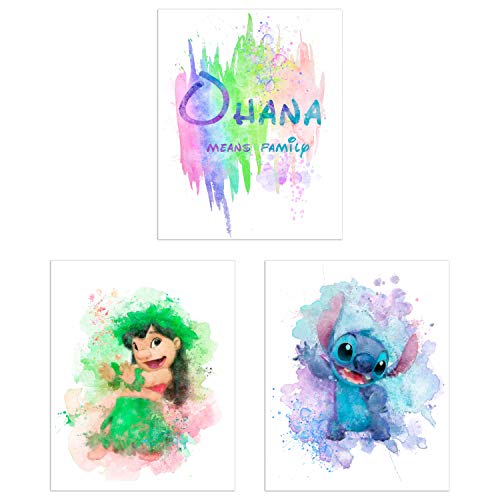 Image of Lilo & Stitch Posters - Set of 3 (8 inches x 10 inches) Ohana Means Family Watercolor Wall Art Decor Prints for Nursery