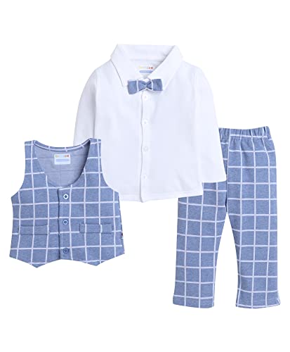 Image of BUMZEE Beige & Navy Boys Full Sleeves Shirt Waistcoat & Pant Set with Applique Bow (Peb8050)