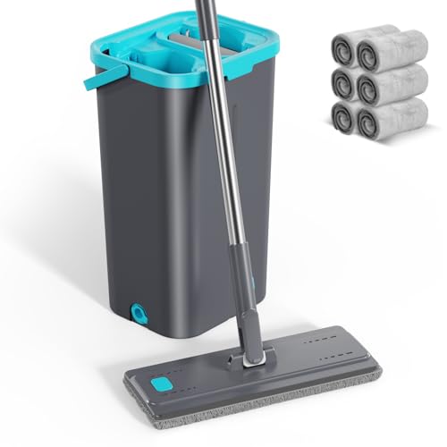 Masthome Wischmopp Set mit Eimer,2 In 1 Putzeimer mit Wischmop,Flacher Bodenwischer mit Mikrofaser Pad Hand-Frei Mopp Set und Eimer für Hartholz,6 Pads,3.72L